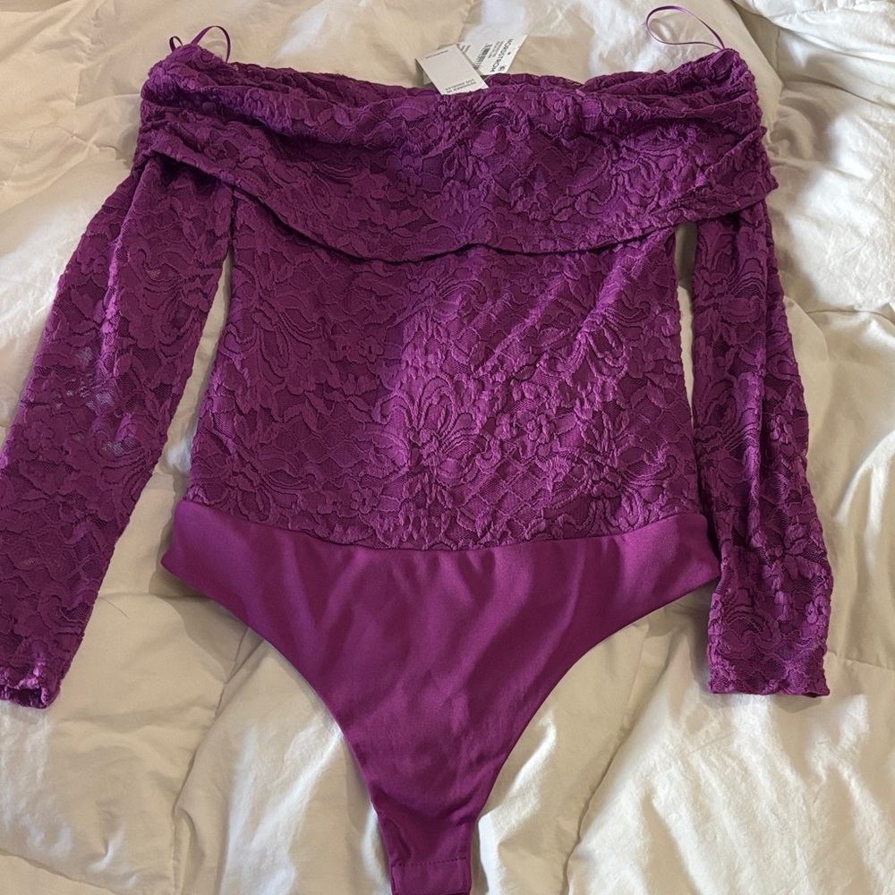 AFRM Plum Lace Off-Shoulder Bodysuit